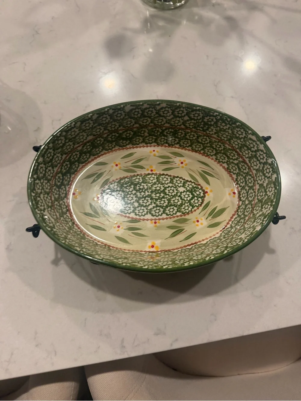Hand-Painted Green Ceramic Serving Bowl with Wire Basket